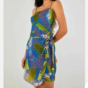 FARM Rio Blue Macaw Mini Dress Linen Wrap Dress
